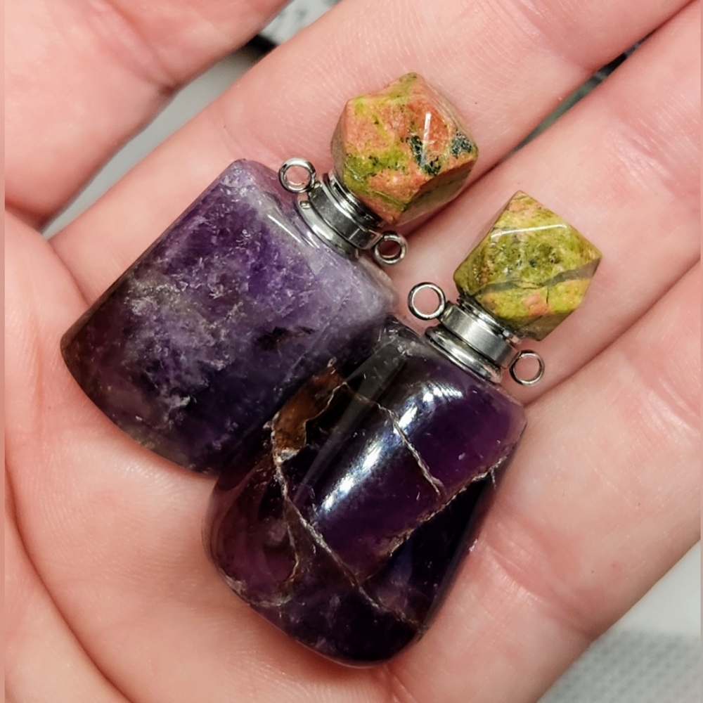 2 Amethyst Unakite Poison Pendant Bottles. Crystals. Ash, Essential Oil Necklace - Picture 5 of 6